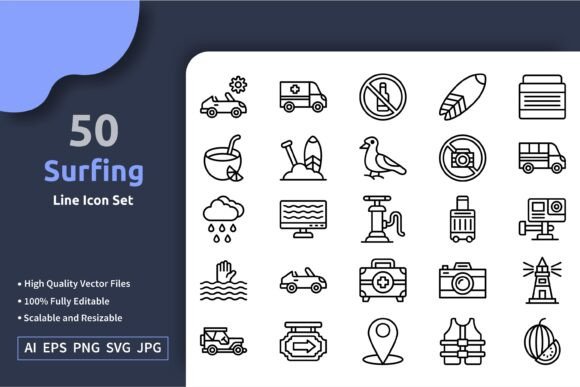 50 Vector Surfing Line Icon Set