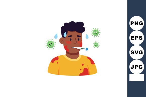 Sick Man with Fever Thermometer and Viru